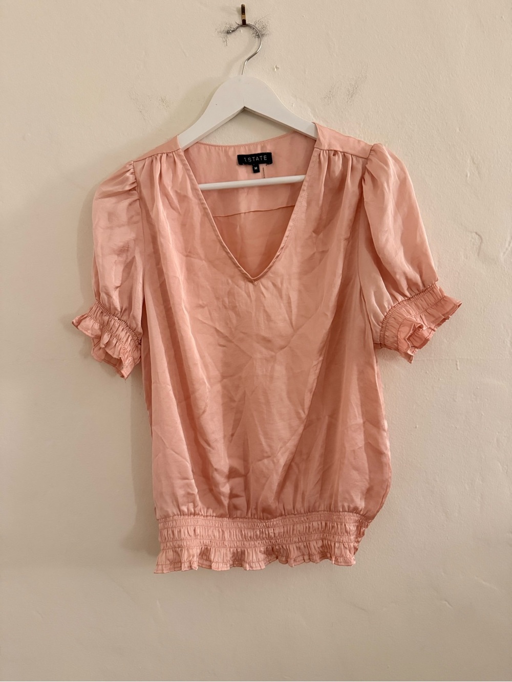 1. State Pink V-Neck Smocked Hem Ruffle Sleeve Blouse